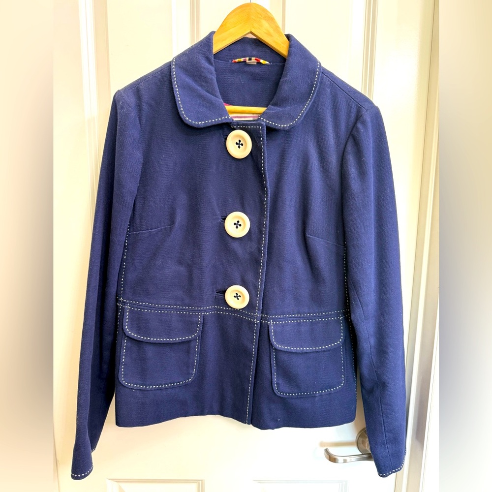 Boden Blazer Womens 12 Regular Cotton w/ Poly Lining Navy Blue Oversize Buttons